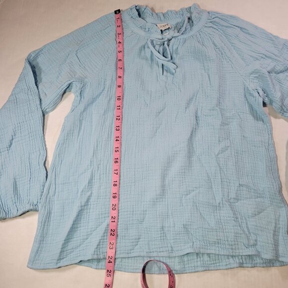 J.Crew Women Light Blue Cotton Gauze Ruffled Neck Long Sleeve Blouse Size M - Picture 4 of 8